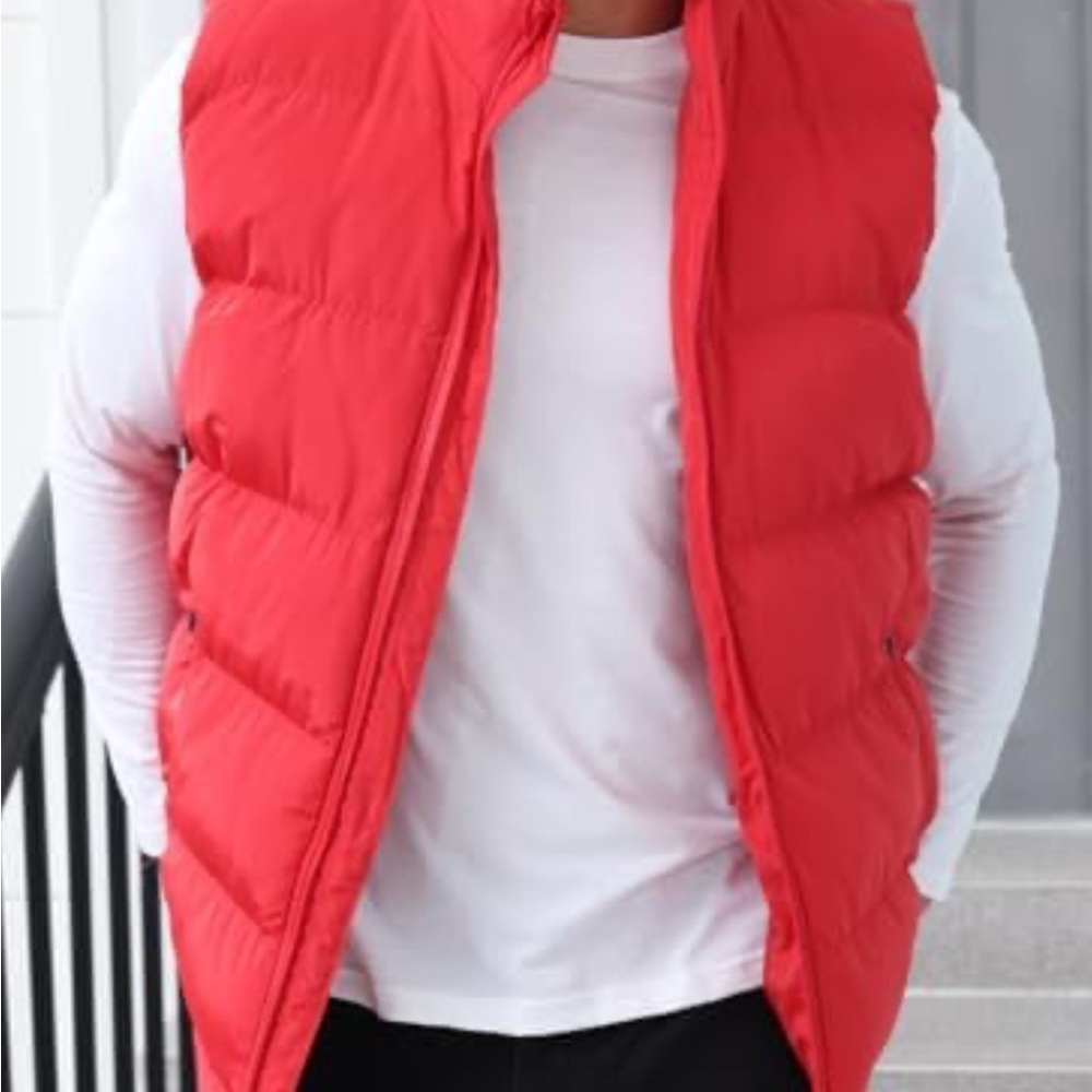 NWT Tuveke Men's Red Puffer Vest zipper pockets Gorpcore large eclectic grandpa